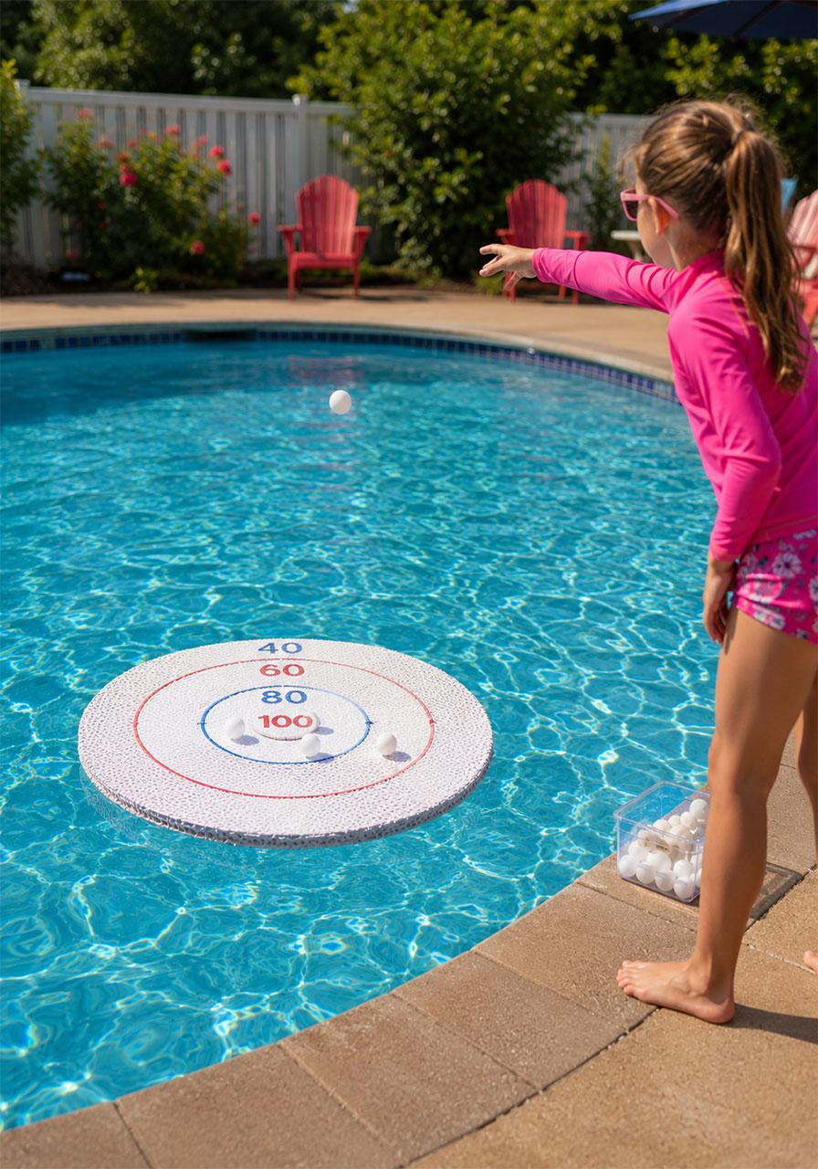 Child tossing ping pong balls onto a homemade floating target in a pool during a summer pool party game