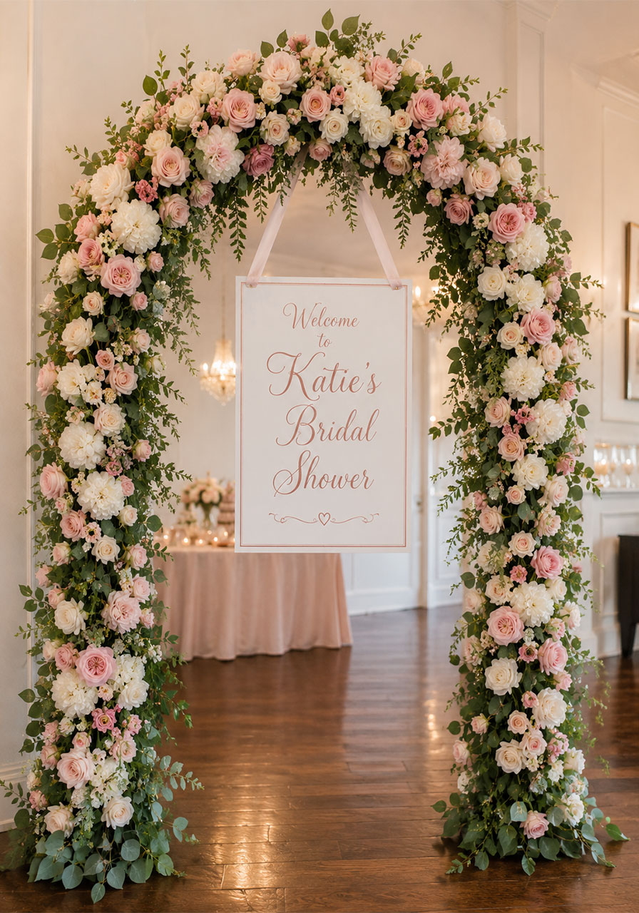 Full floral arch entrance with blush roses and welcome sign hanging in center for bridal shower venue