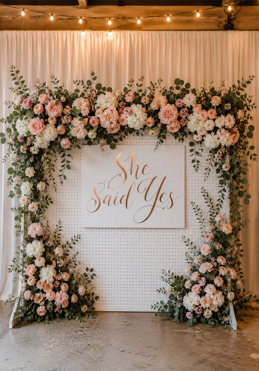 Lush floral backdrop welcome sign for bridal shower with blush roses and eucalyptus surrounding white printed board