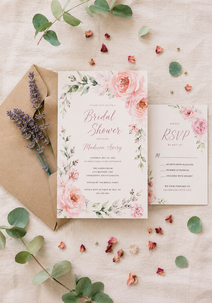 Romantic watercolor floral bridal shower invitation suite with lavender sprig and eucalyptus flat lay