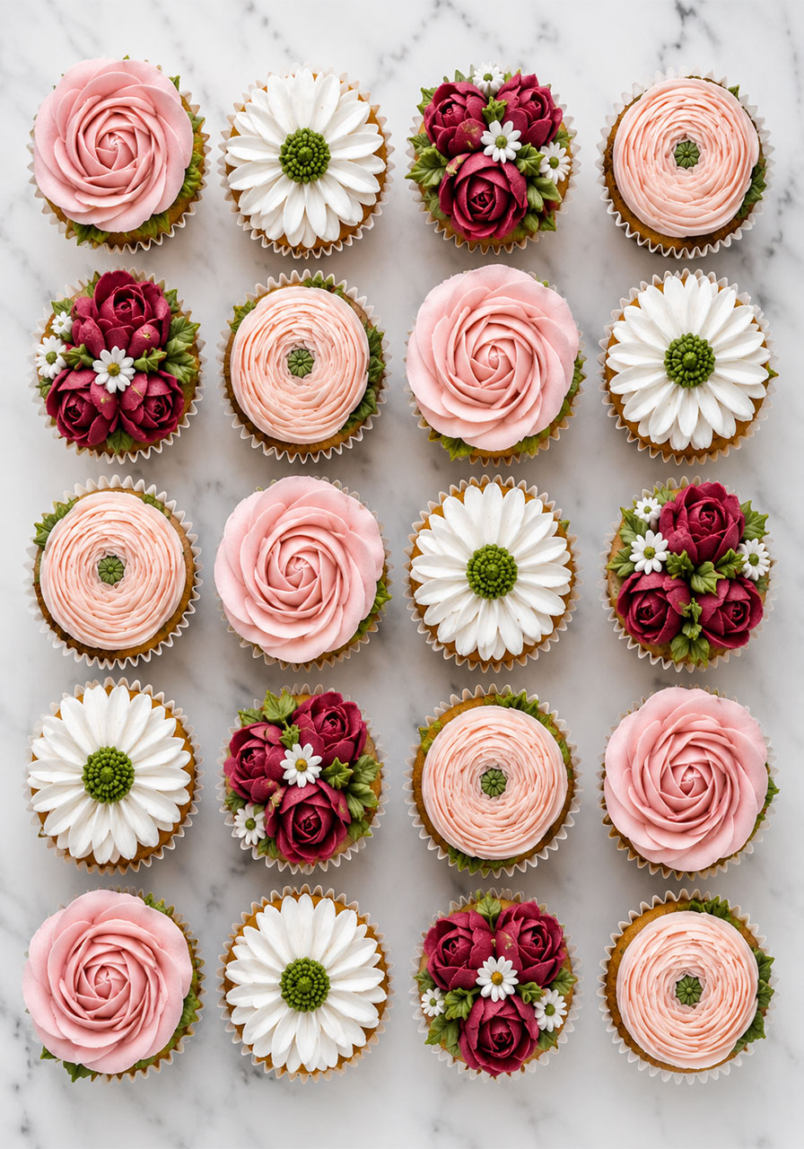 Overhead view of floral buttercream cupcakes with piped roses and daisies in pink, white, and green for a bridal shower dessert table