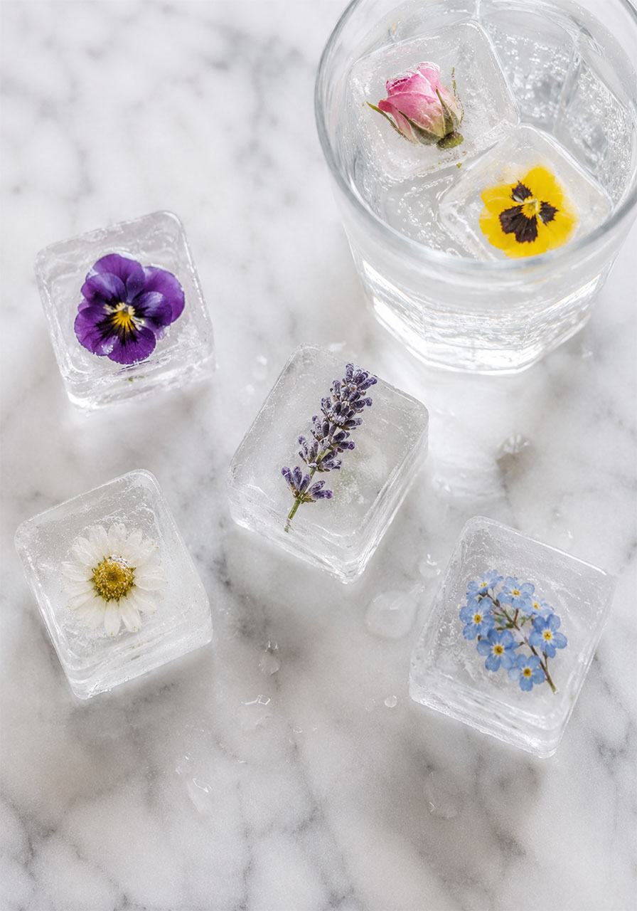 Crystal-clear flower ice cubes with encased roses, pansies, and lavender for romantic garden bridal shower drinks