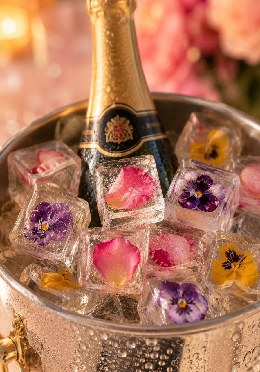 Silver champagne bucket filled with floral ice cubes containing frozen rose petals and edible flowers for a bridal shower mimosa bar