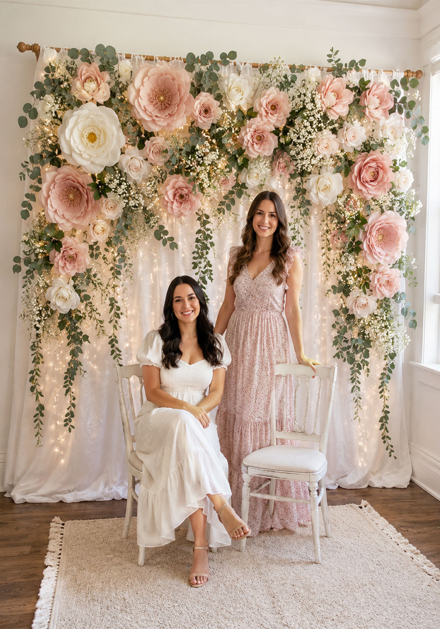DIY floral photo backdrop with paper flowers and fairy lights for bridal shower