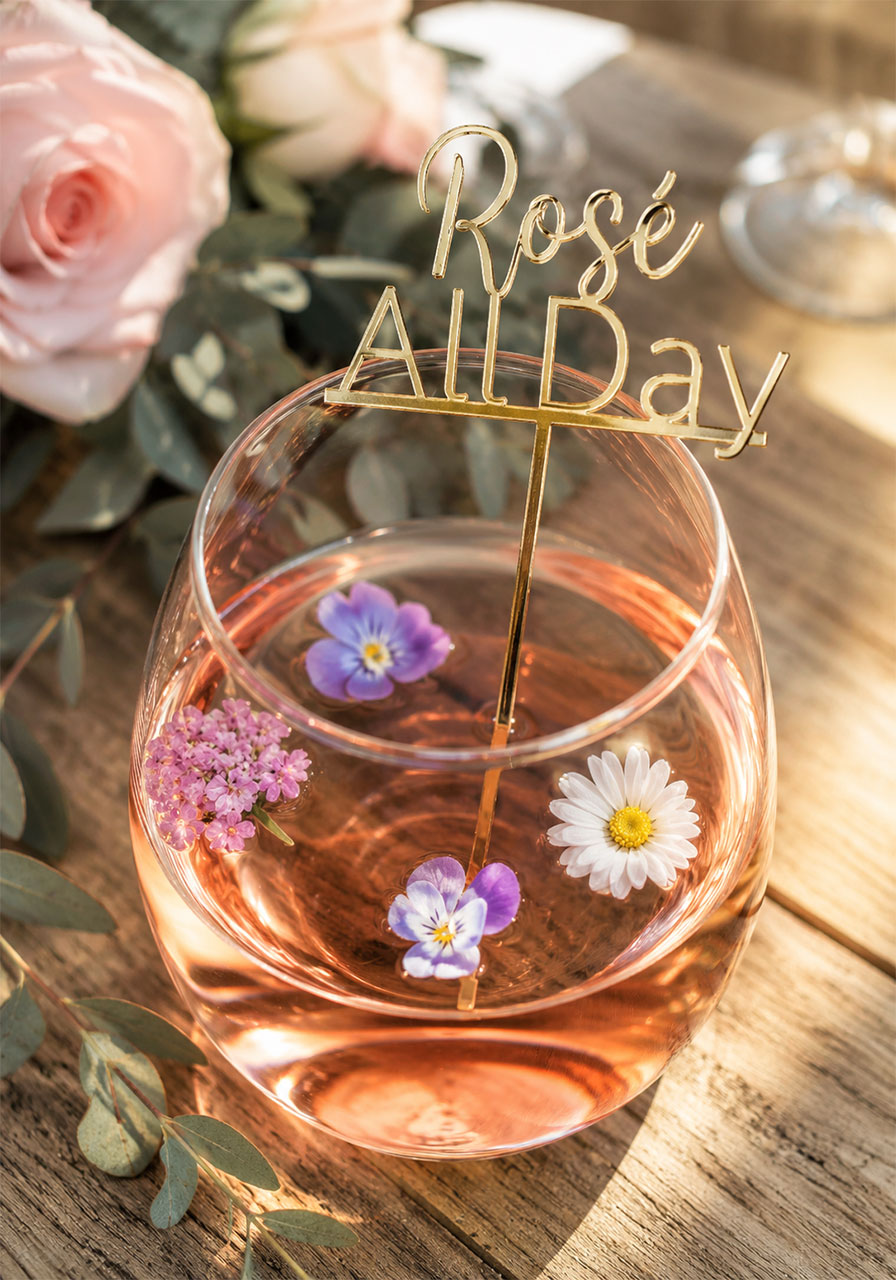 Romantic rosé cocktail with floating edible flowers and gold "Rosé All Day" stirrer for a garden bridal shower