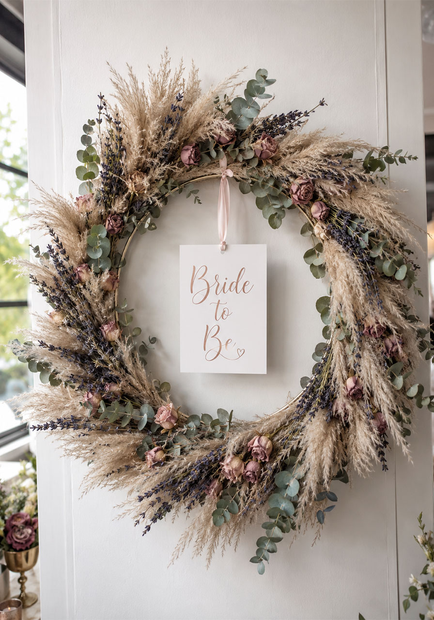 Dried pampas grass and eucalyptus wreath frame with Bride to Be card for boho bridal shower sign