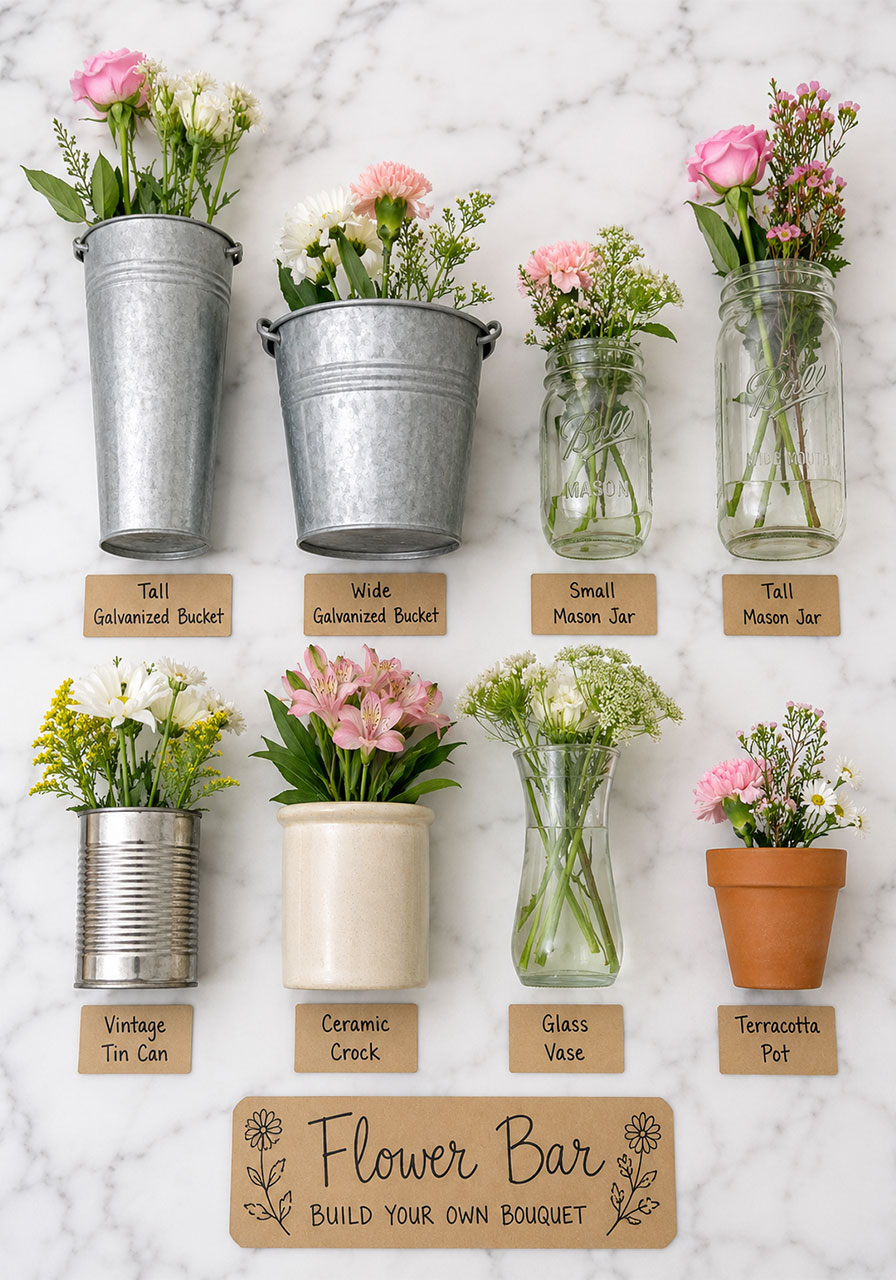Eight vessel types for bridal shower flower bar including galvanized buckets mason jars ceramic crocks and glass vases flat lay