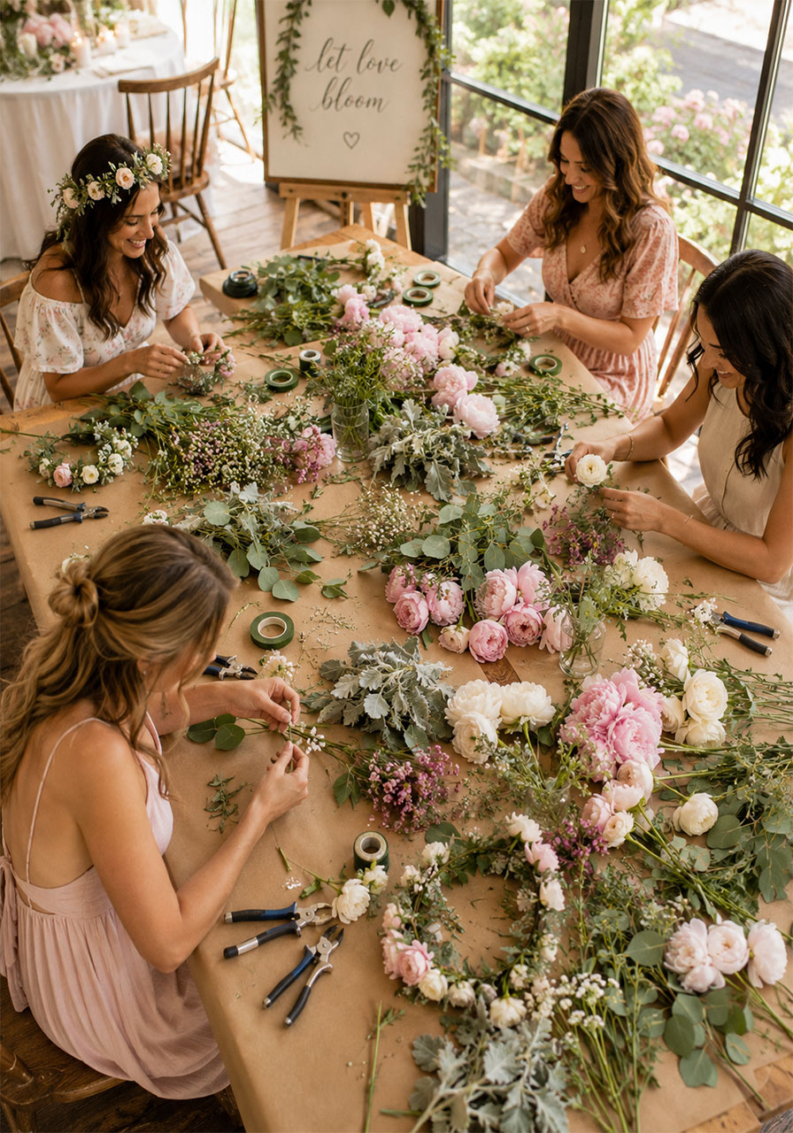 Bridal shower flower crown making workshop with fresh peonies roses and eucalyptus spread across a wooden table as four women craft their own floral crowns together
