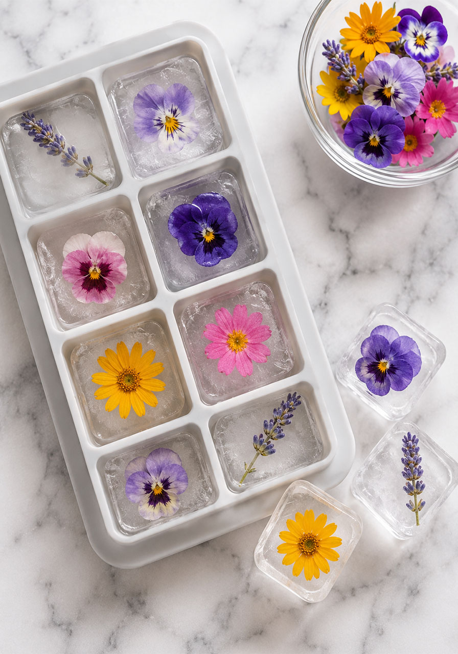 Edible flower ice cubes in silicone tray for elegant bridal shower drinks