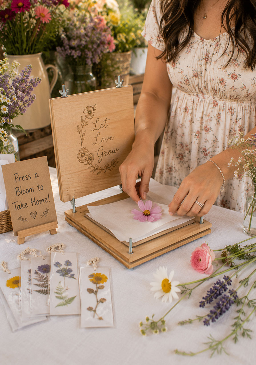Flower pressing activity station at bridal shower flower bar with wooden press cosmos bloom parchment sheets and pressed flower bookmarks