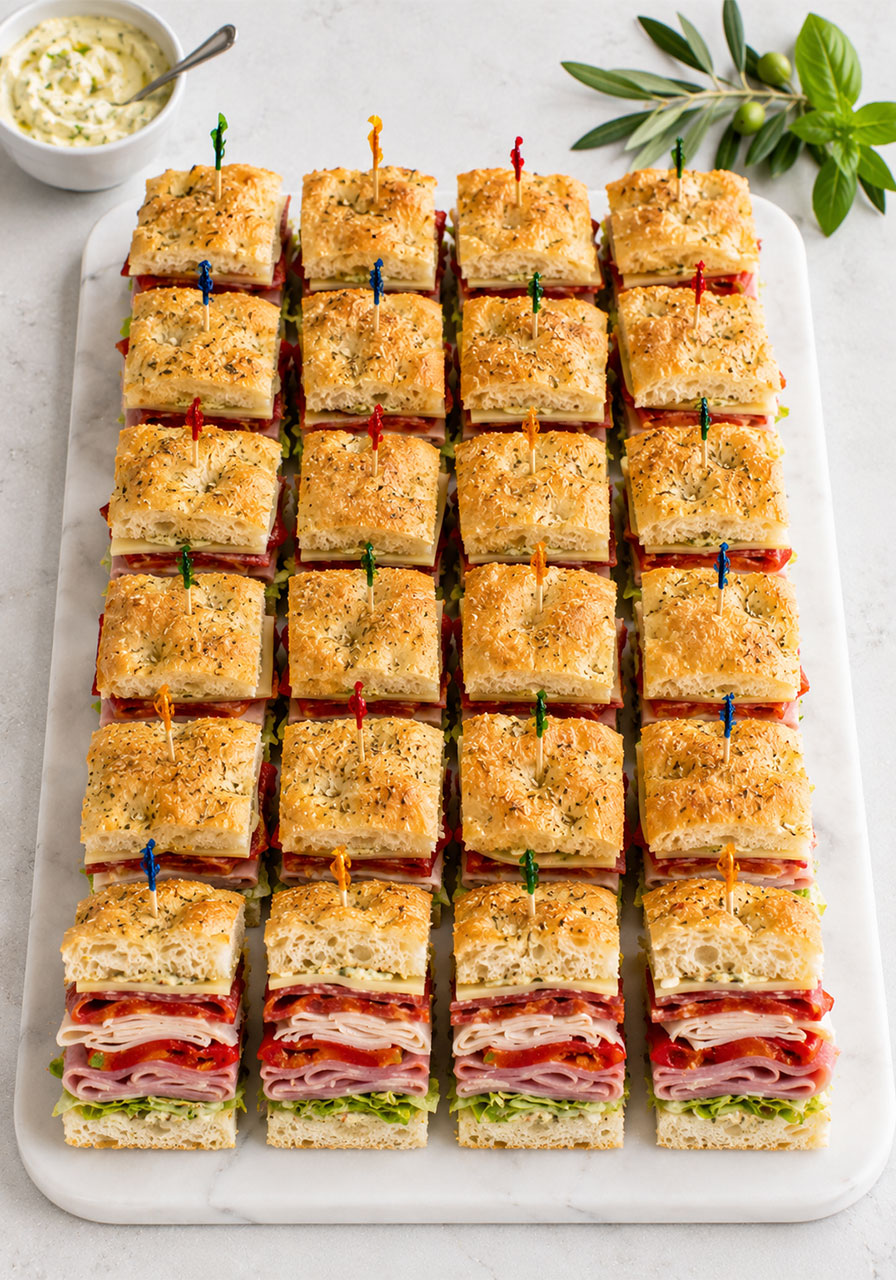 Focaccia sandwiches with ham turkey salami and provolone cut into 24 party pieces, no-cook summer entertaining recipe