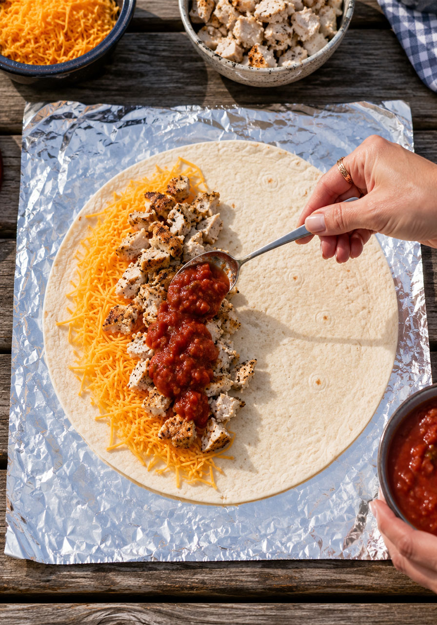 Adding cheese chicken and salsa to tortilla for foil packet quesadilla
