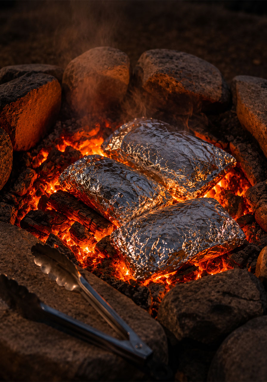 Foil packet quesadillas cooking directly on campfire coals
