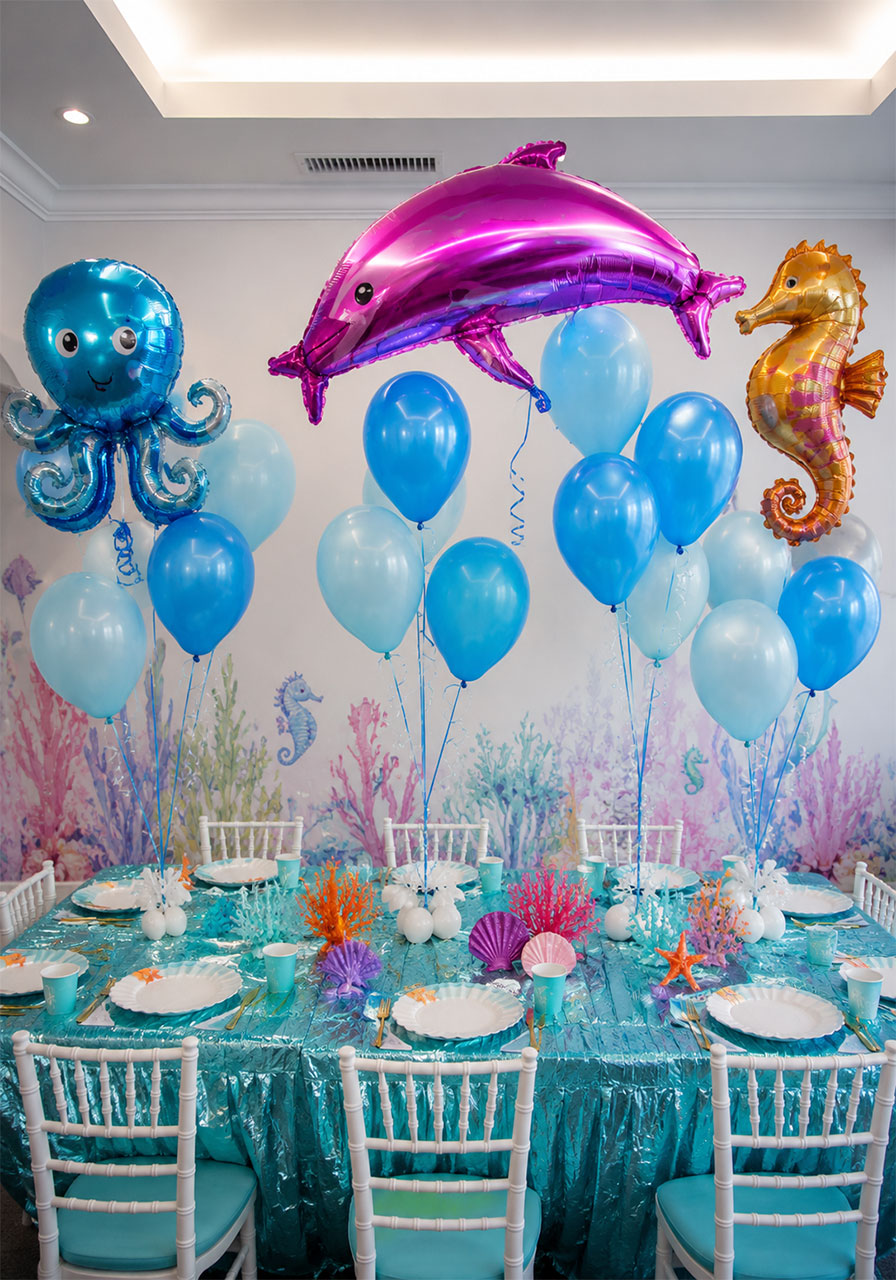 Giant foil dolphin and sea animal balloons decorating an under the sea kids birthday party table