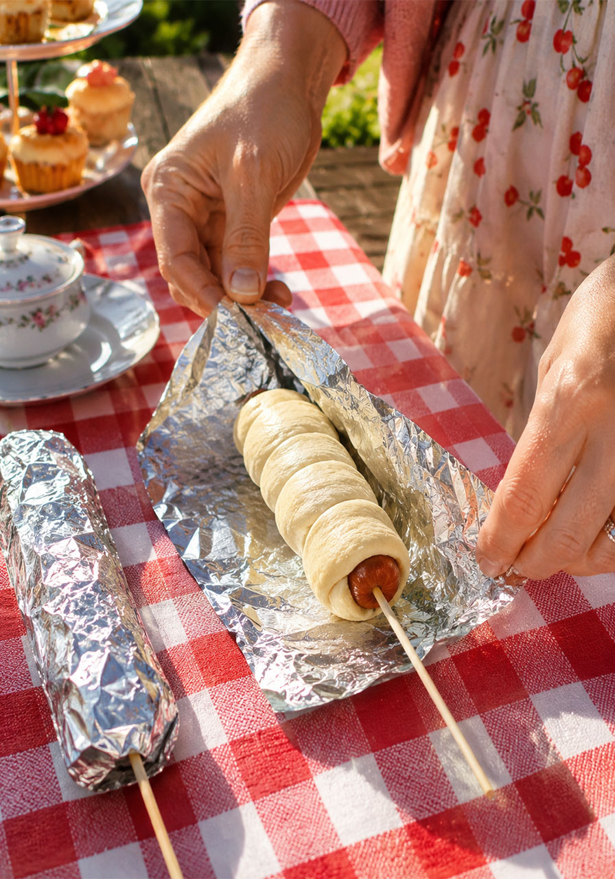 Loosely wrapping a crescent-dough-covered hot dog in aluminum foil before roasting over a campfire