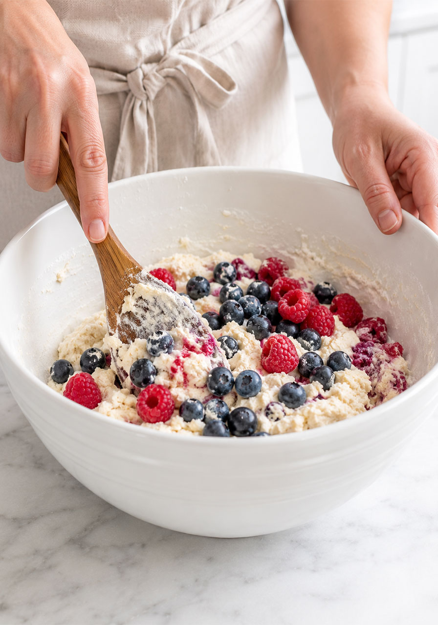 Hands gently folding fresh blueberries and raspberries into mixed berry scone dough in a white mixing bowl