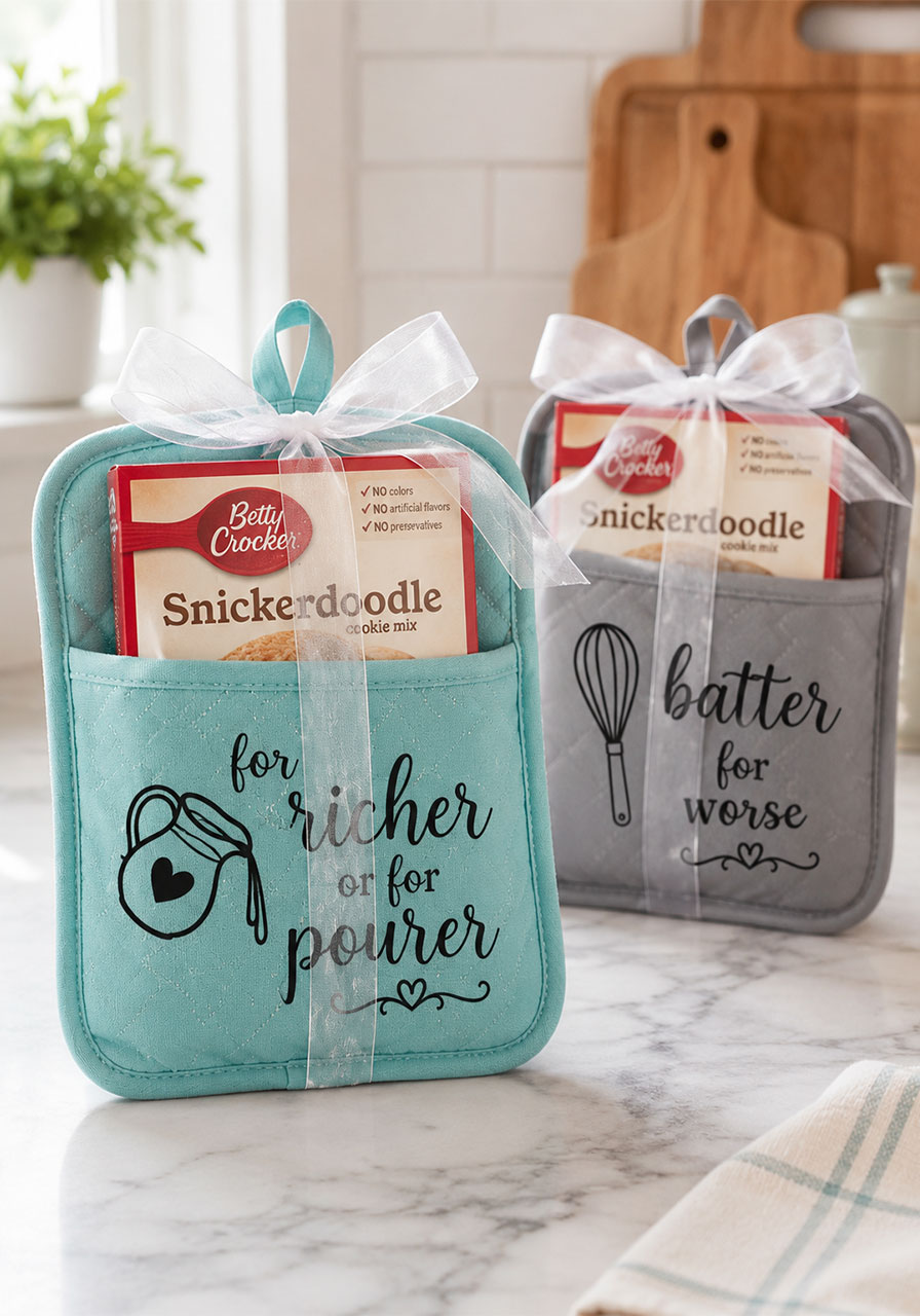 DIY "For Richer or For Pourer" pot holder cake mix favor made with Cricut iron-on vinyl — bridal shower gift idea