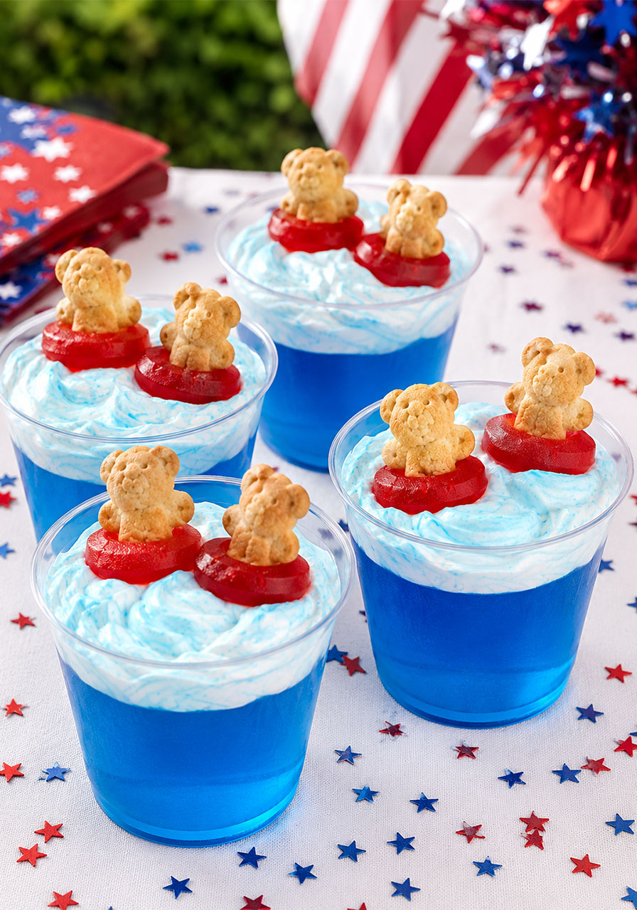 Red, white and blue Swimming Bears Jello cups made with red gummy Lifesavers – Fourth of July pool party dessert variation idea