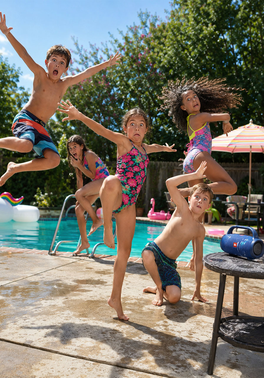 Kids frozen in hilarious poses playing freeze dance at a backyard pool party on a sunny summer afternoon