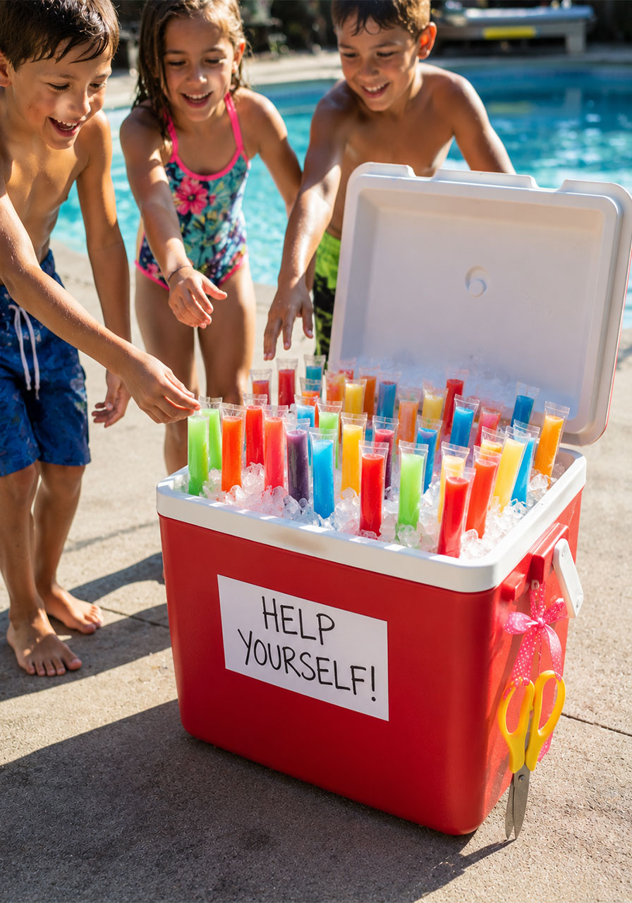 Cooler full of colorful freeze pops for a self-serve freeze pop station at a summer pool party