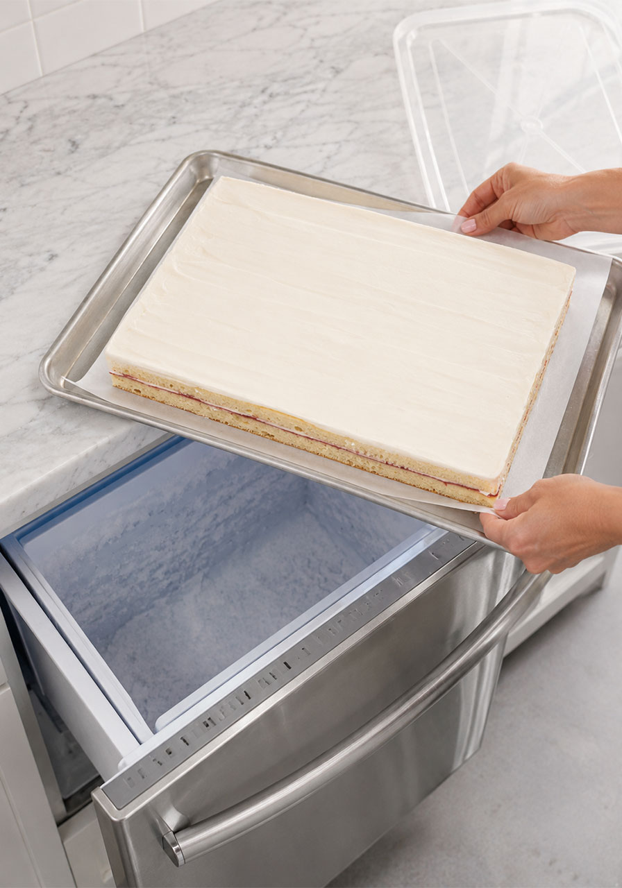 Sliding assembled frosted petit fours cake on sheet pan into freezer before cutting and dipping