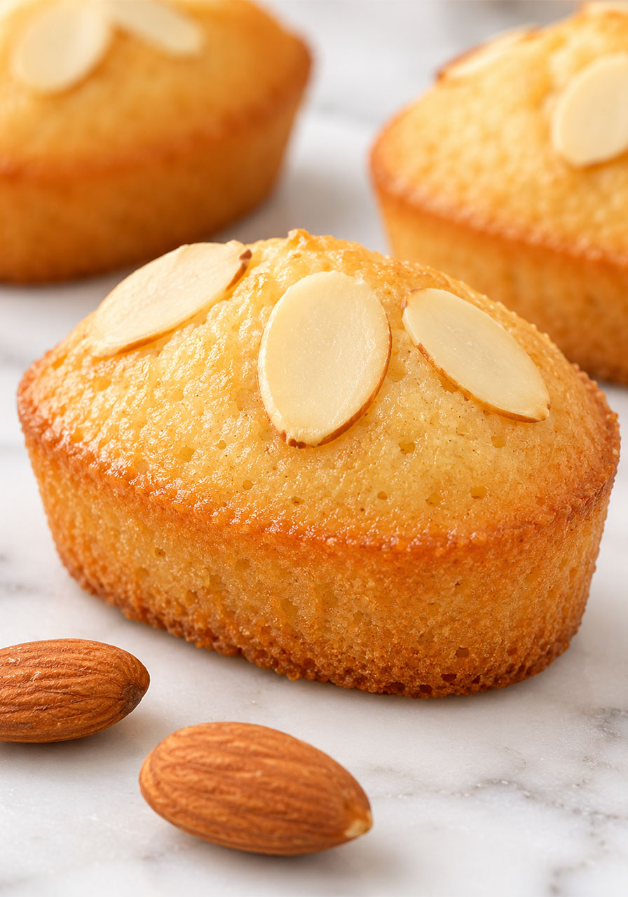 Close-up of a golden French almond financier tea cake with flaked almond topping on white marble surface