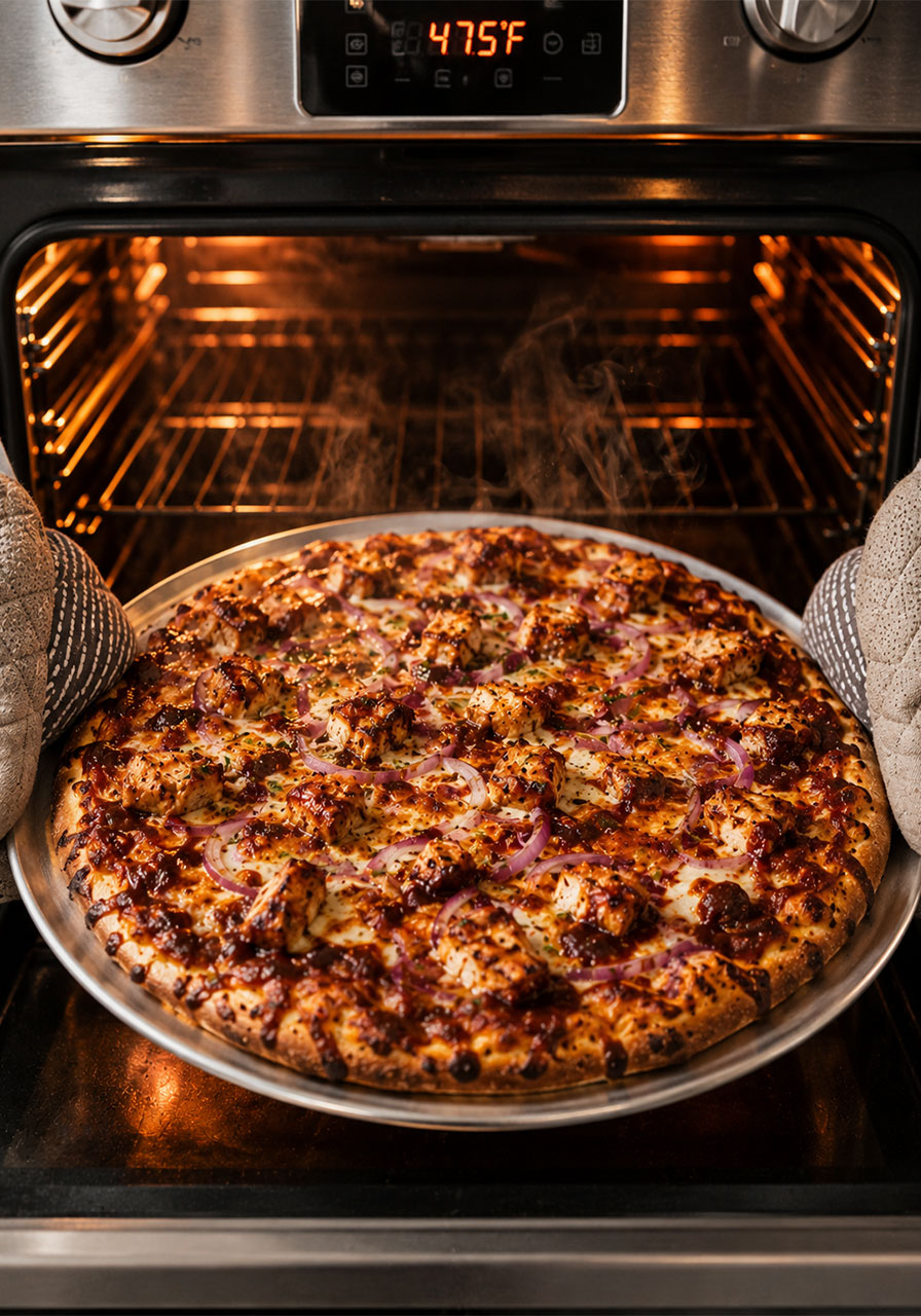 Freshly baked homemade BBQ chicken pizza being pulled from the oven with golden bubbly cheese and caramelized toppings