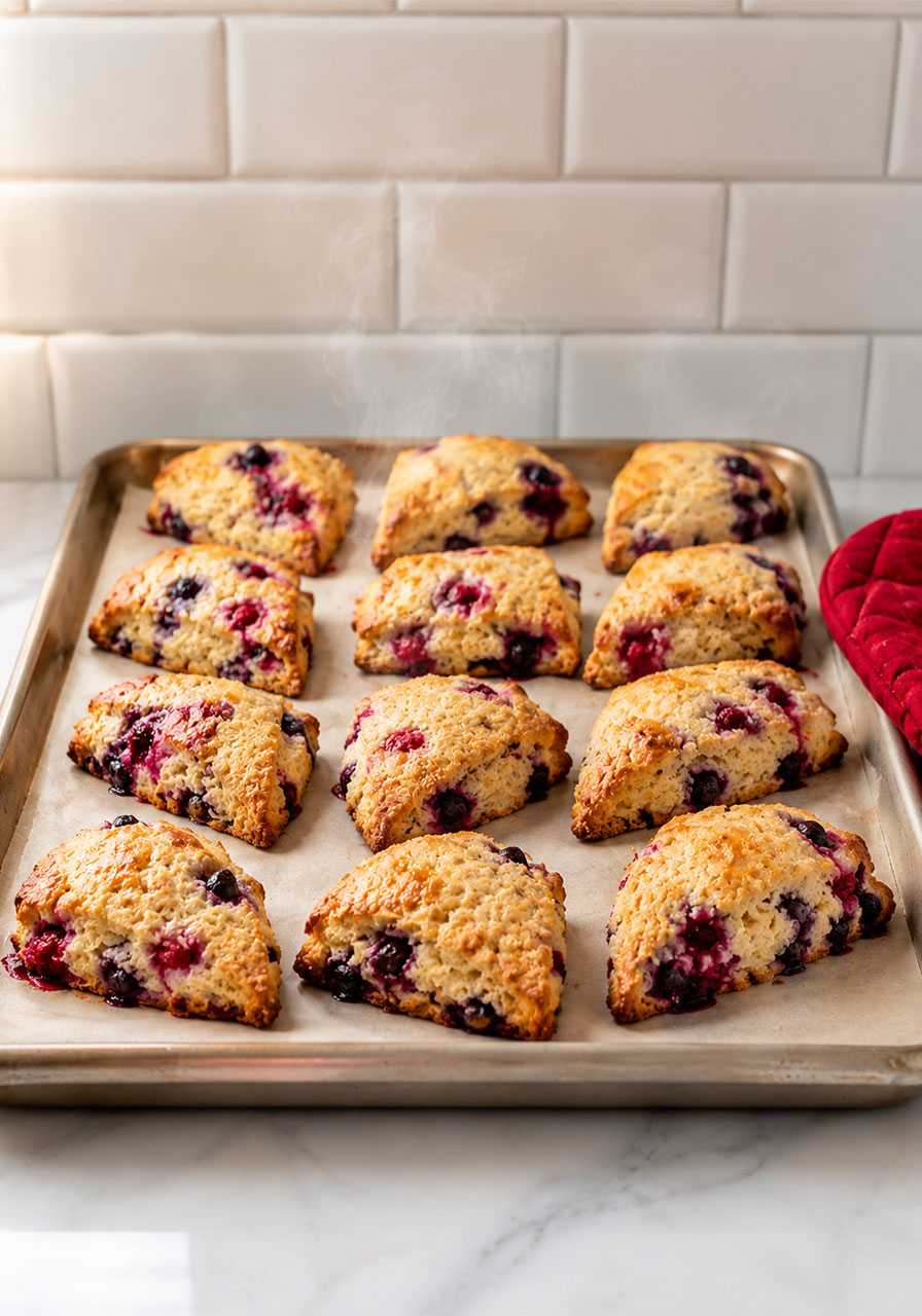 Freshly baked mixed berry scones on a baking sheet straight from the oven showing golden brown tops with berry bursts