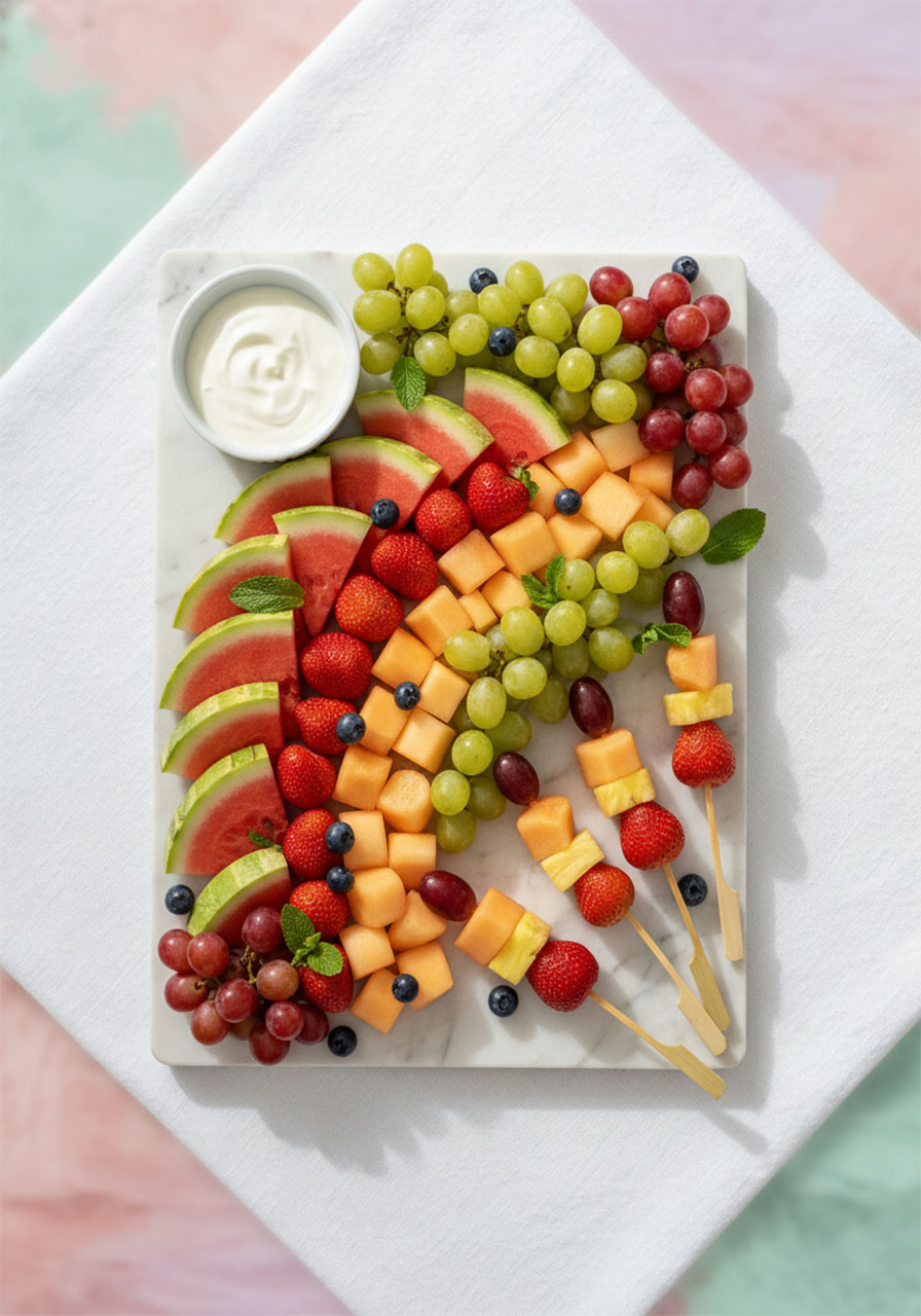 Colorful fresh fruit platter and fruit skewers with yogurt dip for bridal shower brunch