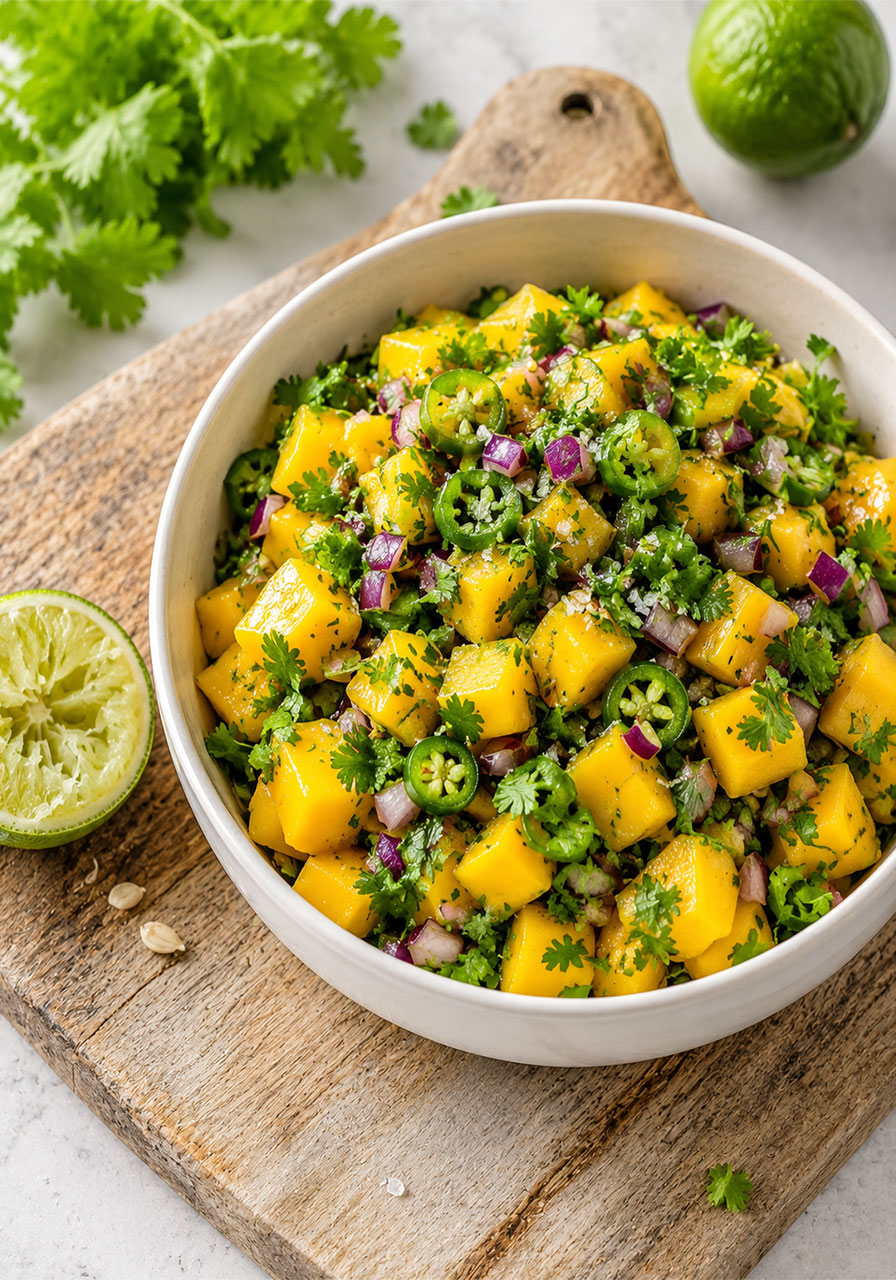 Fresh mango salsa in a white bowl with mango chunks, red onion, jalapeño, and cilantro
