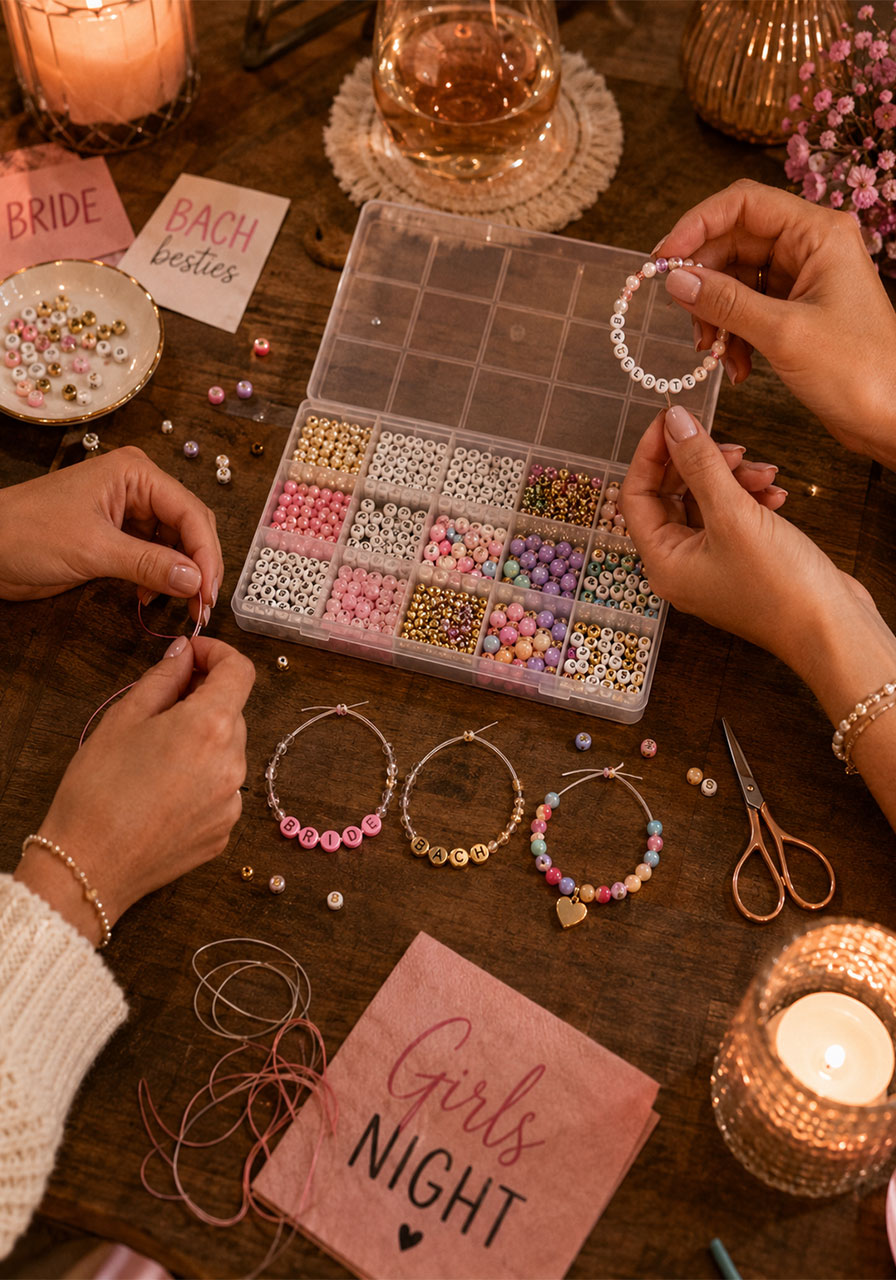 Overhead close-up of bachelorette party friendship bracelet making station with letter beads spelling BRIDE and colorful bead kit