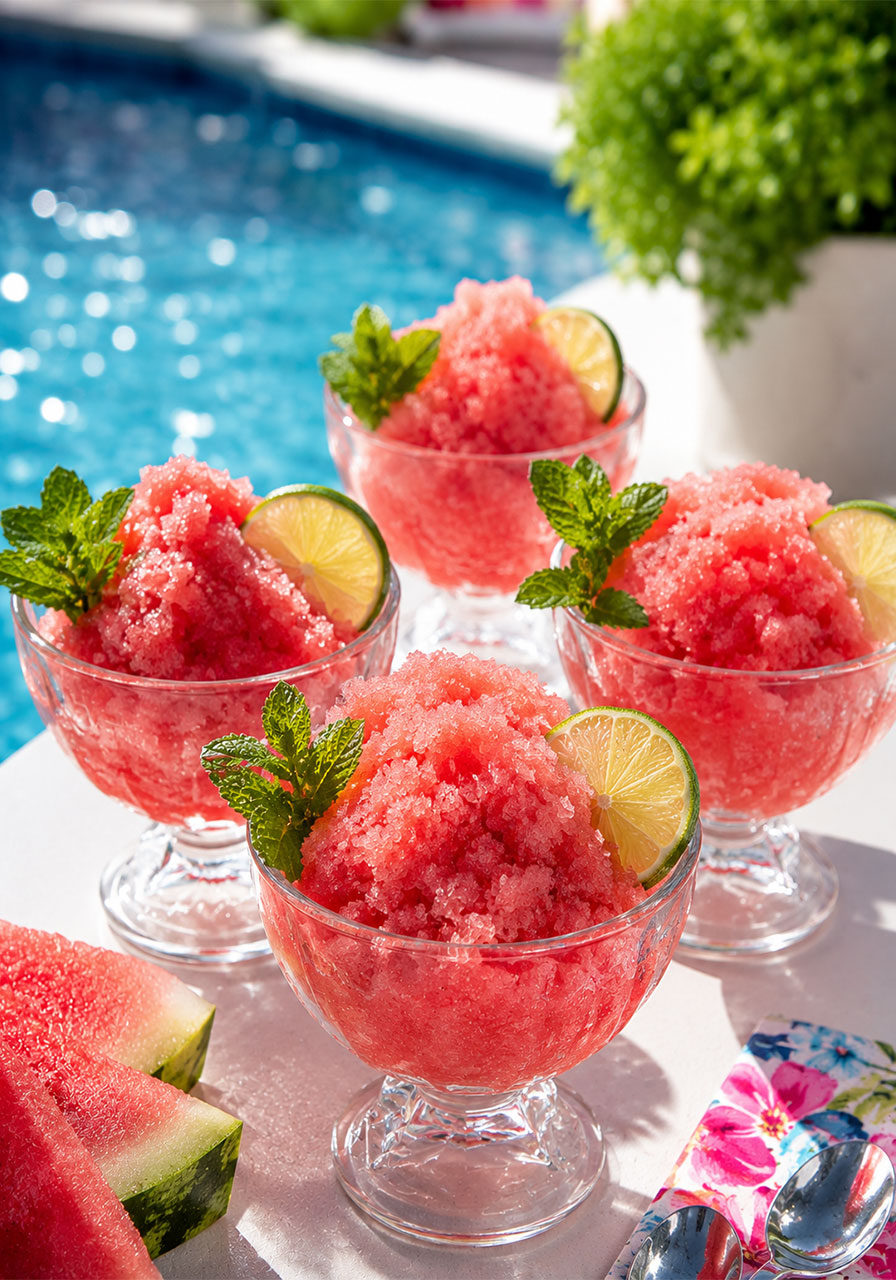 Frosty watermelon ice with lime in clear dessert bowls – light refreshing homemade summer pool party treat