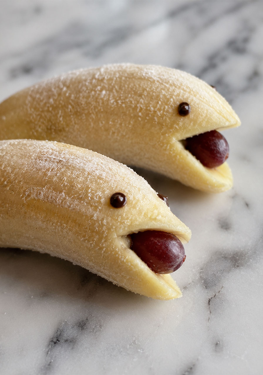 Frozen banana halves decorated as dolphins with grape and chocolate details