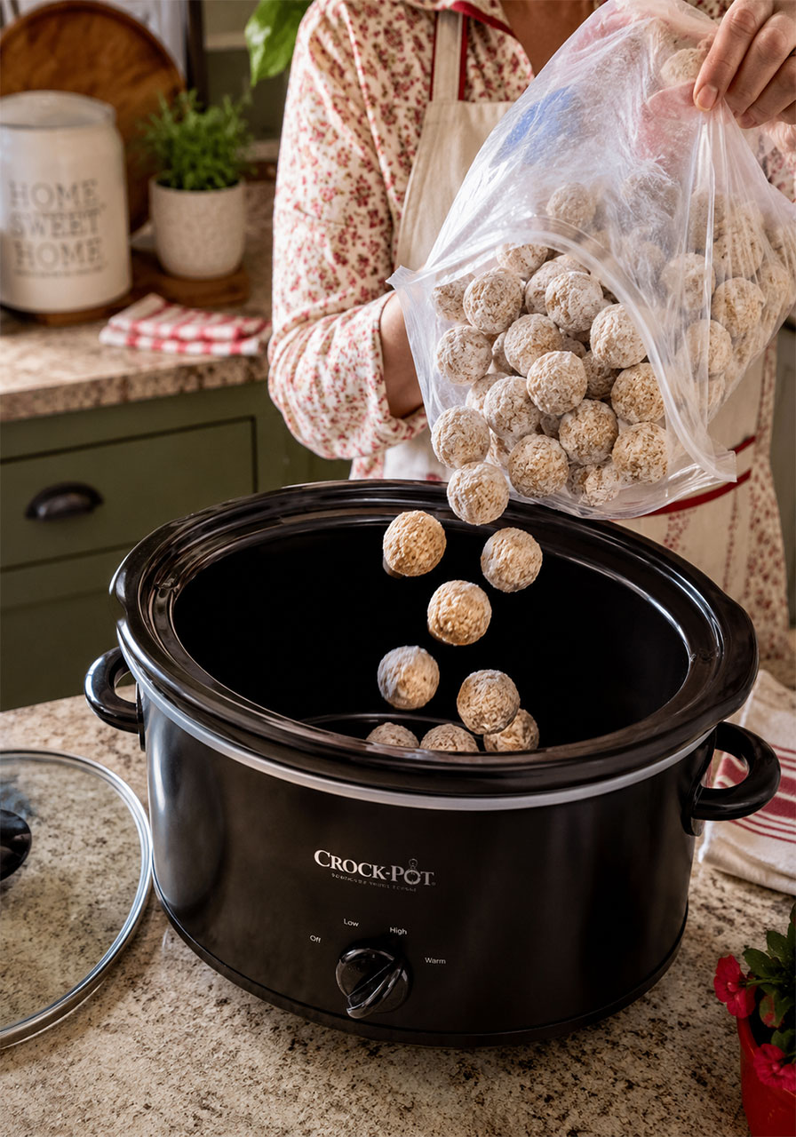 Frozen meatballs being poured into a black crockpot slow cooker to make honey BBQ crockpot meatballs