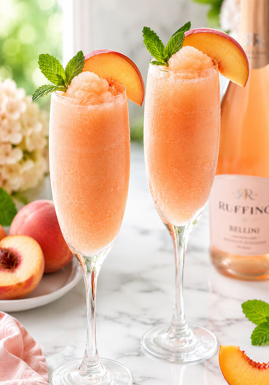 Frozen peach bellini slush in champagne flutes with fresh peach garnish for summer party drink