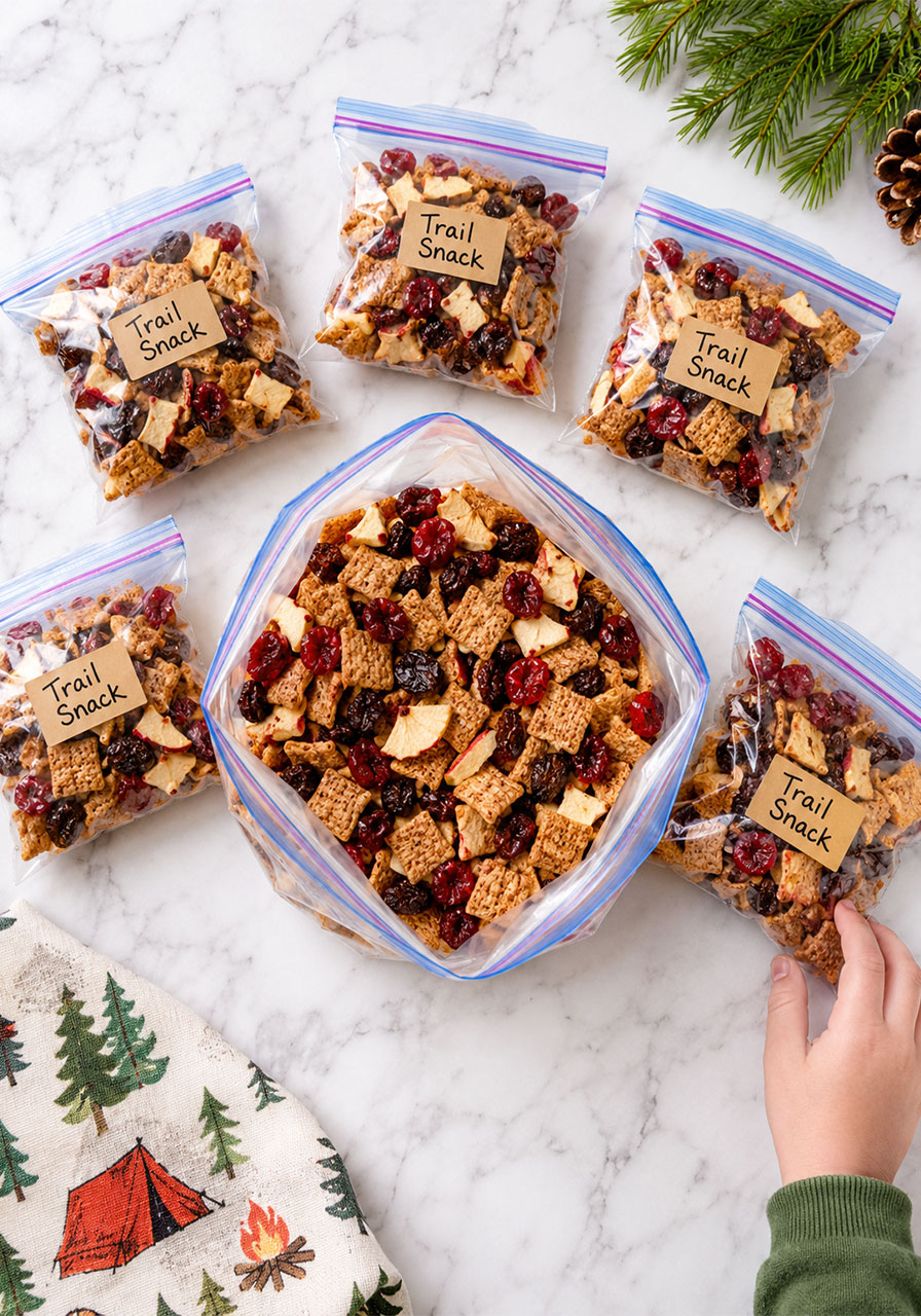 Colorful fruit and cereal snack mix with Cinnamon Toast Crunch, cranberries, raisins, and apple chips in portioned bags for camping