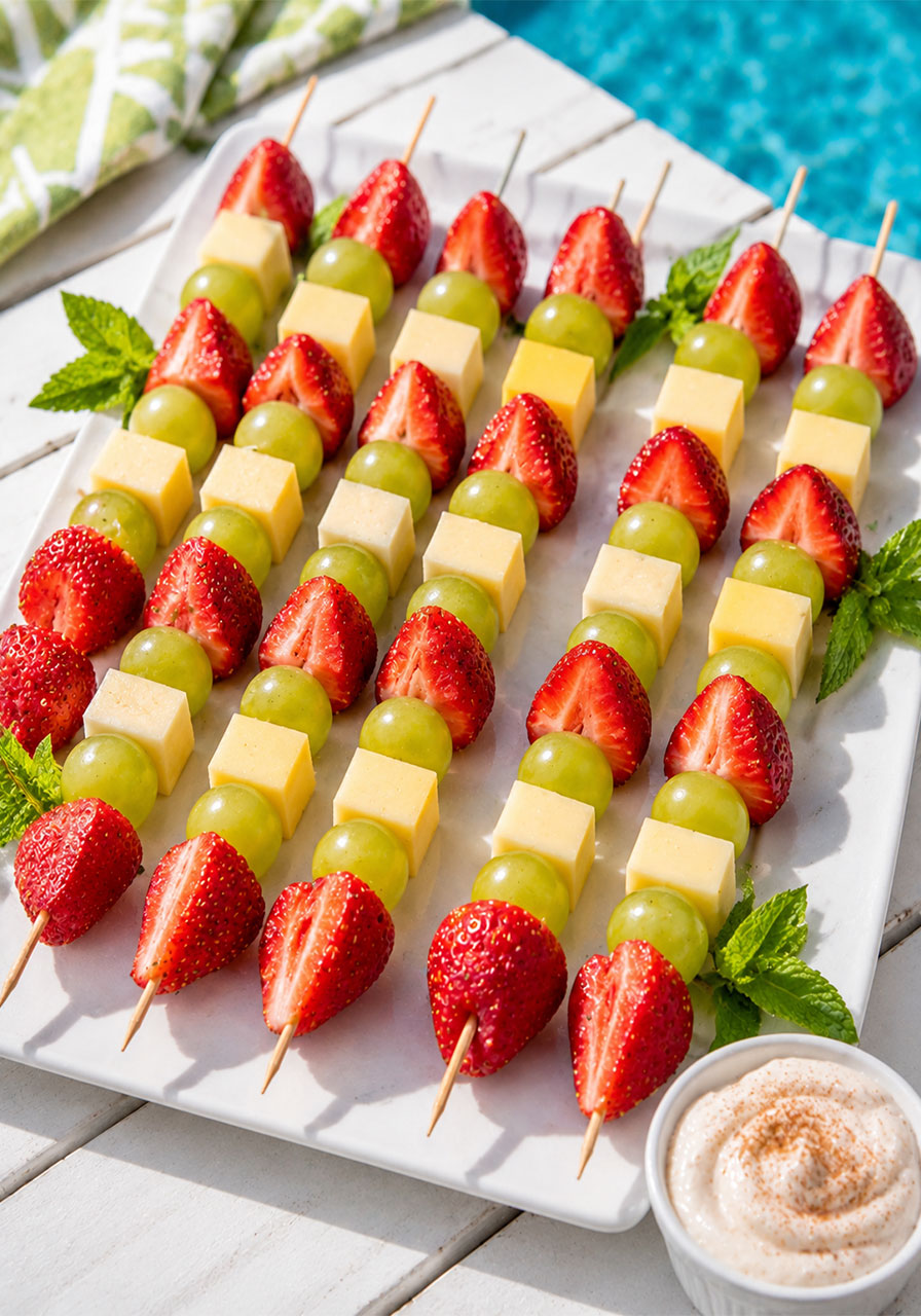 Colorful fruit and cheese kabobs with strawberries, grapes and honey-cinnamon dip – easy no-cook pool party appetizer
