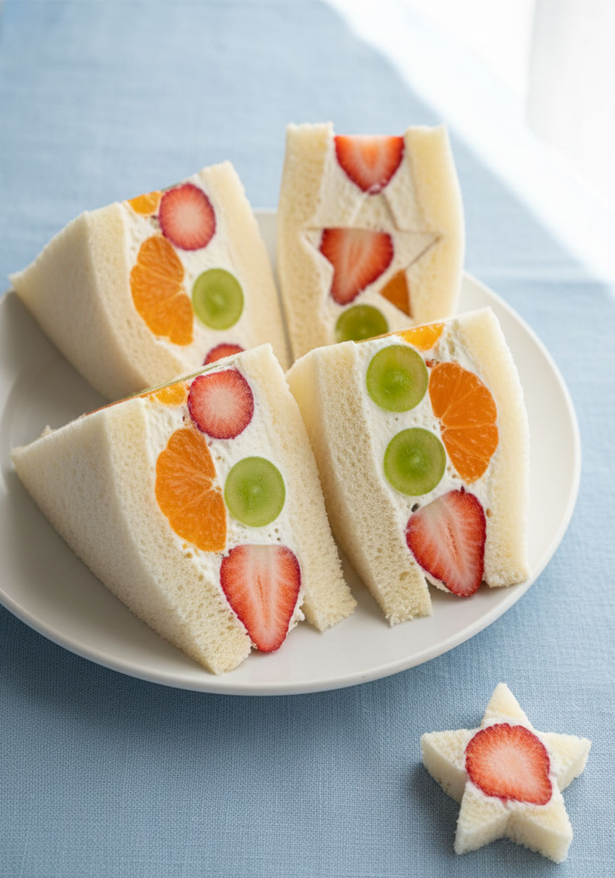 Fresh fruit cream cheese sandwiches cut into triangles showing colorful fruit layers — fun pool party food for kids	