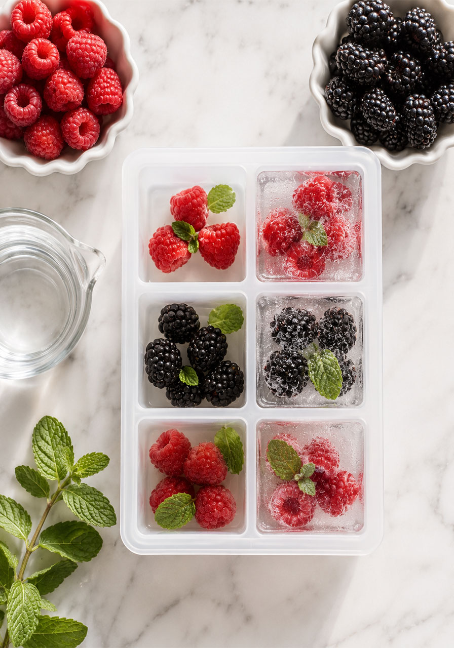 DIY decorative fruit ice cubes with raspberries blackberries and mint for bridal shower mocktail drinks