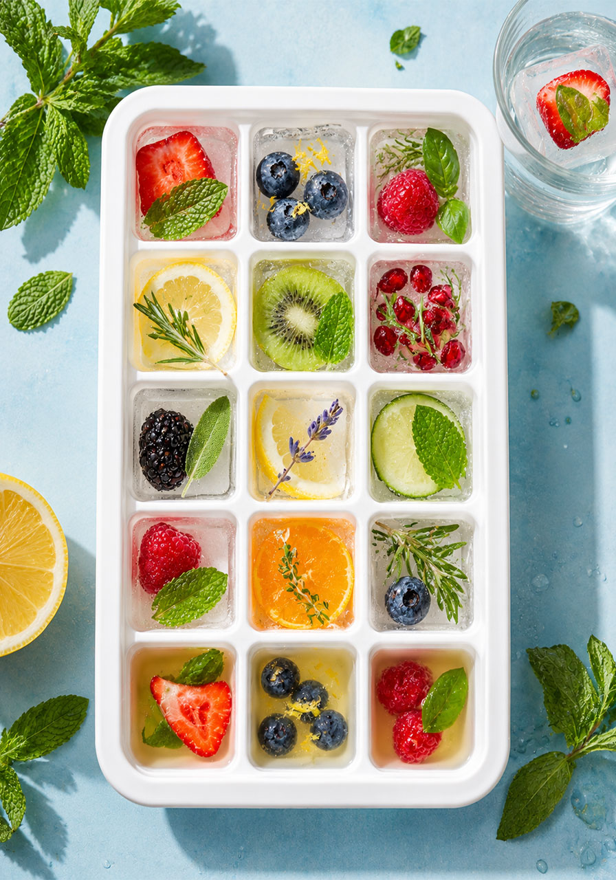 Fruit-infused ice cubes with strawberry mint and blueberry lemon in tray for summer party drinks