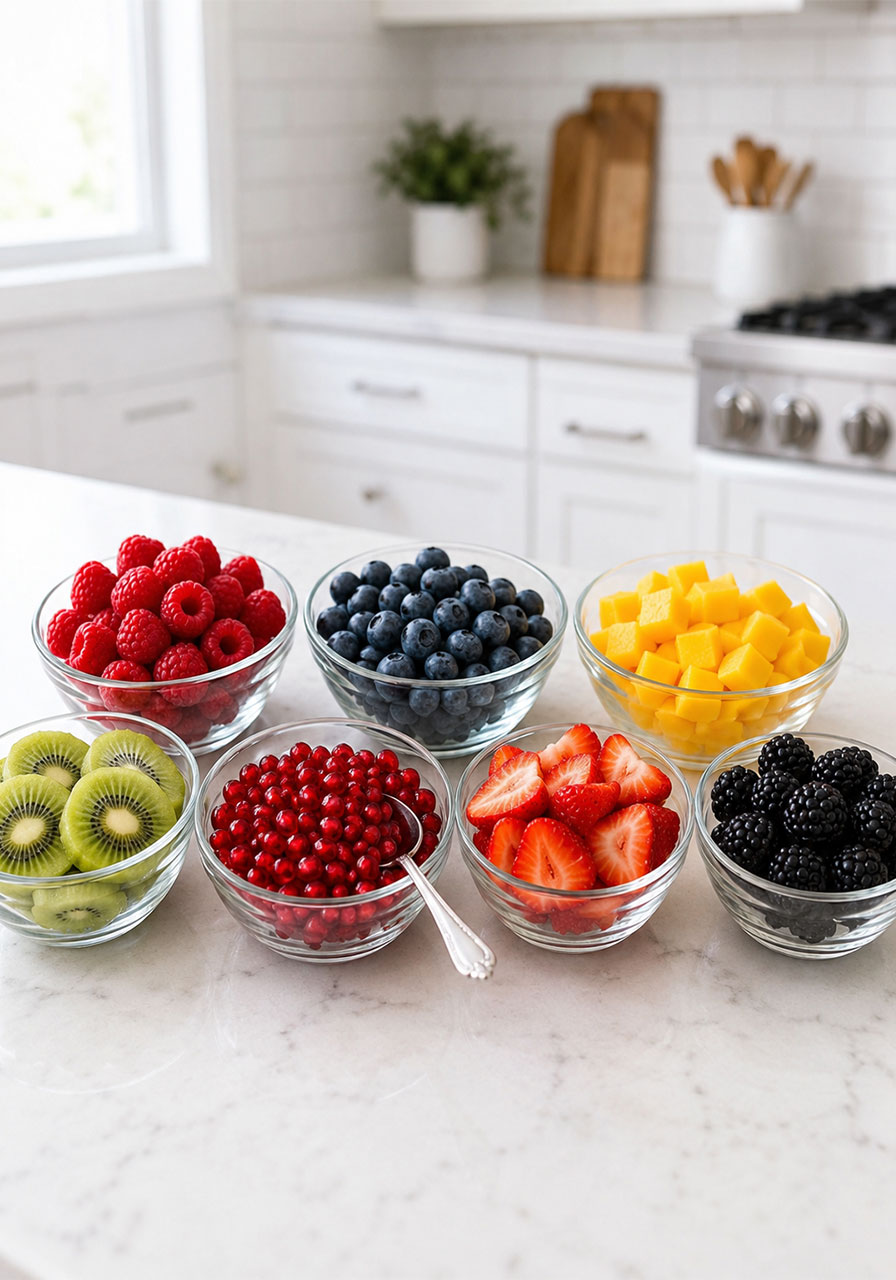 Colorful fruit medley topping station with berries, mango, and kiwi for a waffle bar brunch party