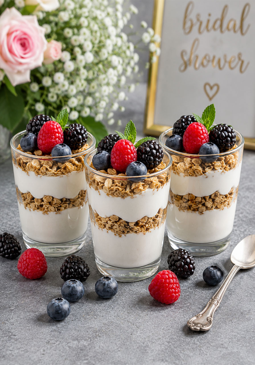 Three layered fruit and yogurt parfaits in clear glasses with granola, Greek yogurt, and fresh berries for an elegant bridal shower brunch
