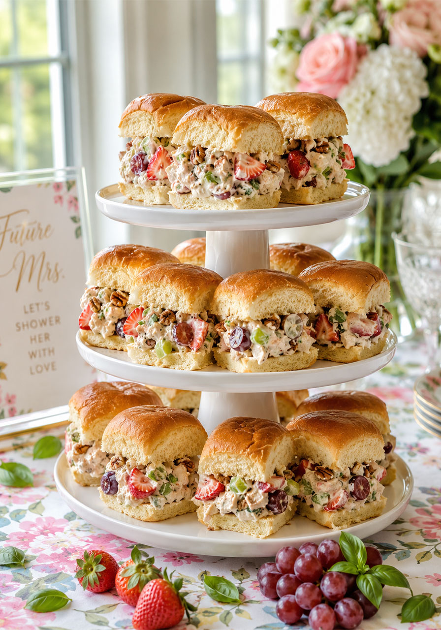 Fruity chicken salad mini sandwiches with strawberries and grapes on Hawaiian rolls for a summer party