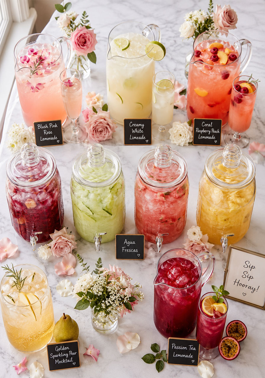 Six fruity and flirty bridal shower mocktails arranged on a white marble drink station with flowers and garnishes