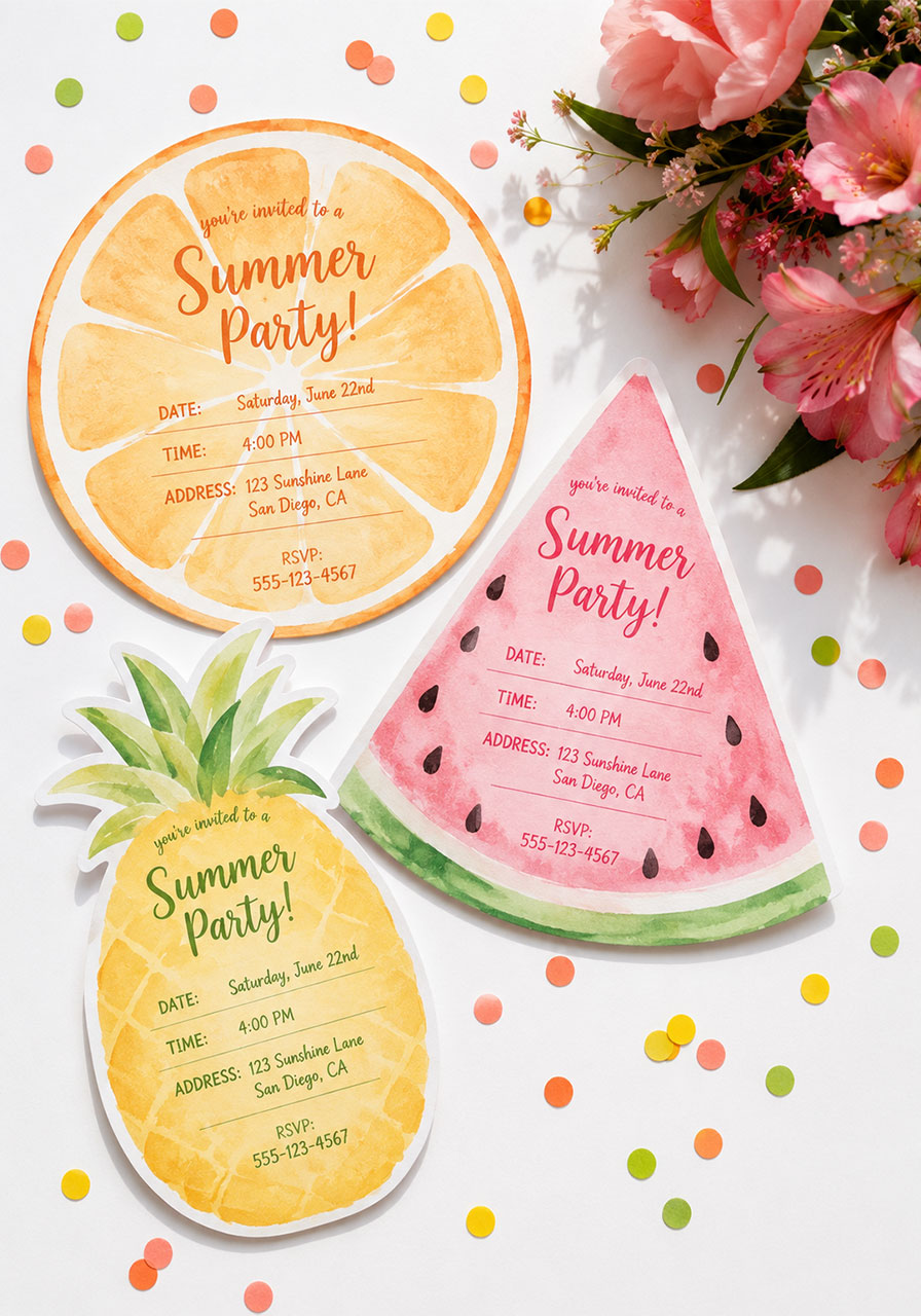 Colorful fruity watercolor summer party invitations with orange pineapple and watermelon shapes