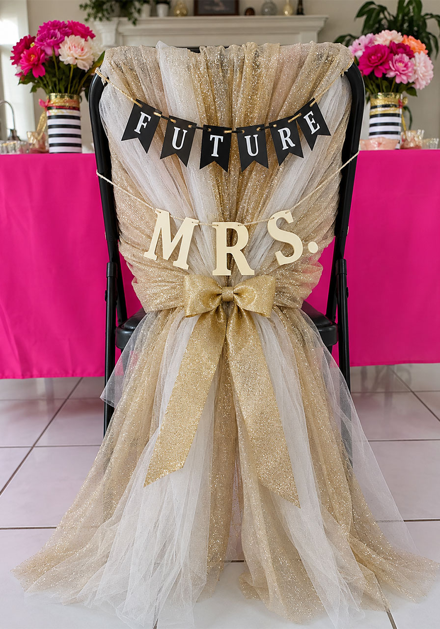 Future Mrs decorated bridal shower chair with gold glitter tulle and pennant banner – at-home bridal shower decoration idea