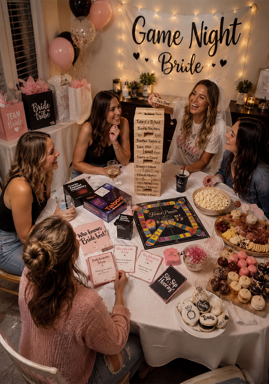 Game Night bachelorette party decorations with custom Jenga dares, trivia cards, and snack spread on a round table