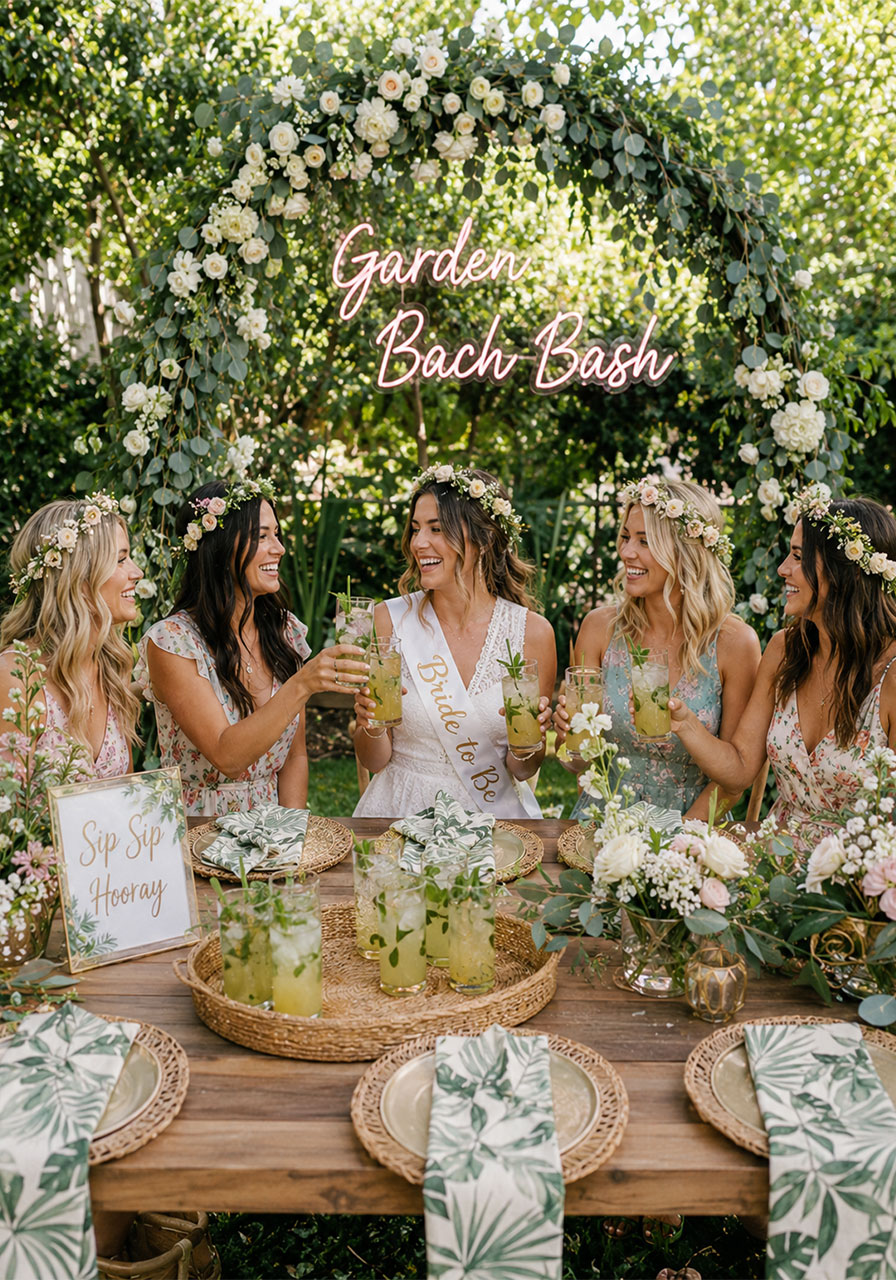 Garden bachelorette party decorations with floral arch, flower crowns, and farm table in lush outdoor setting
