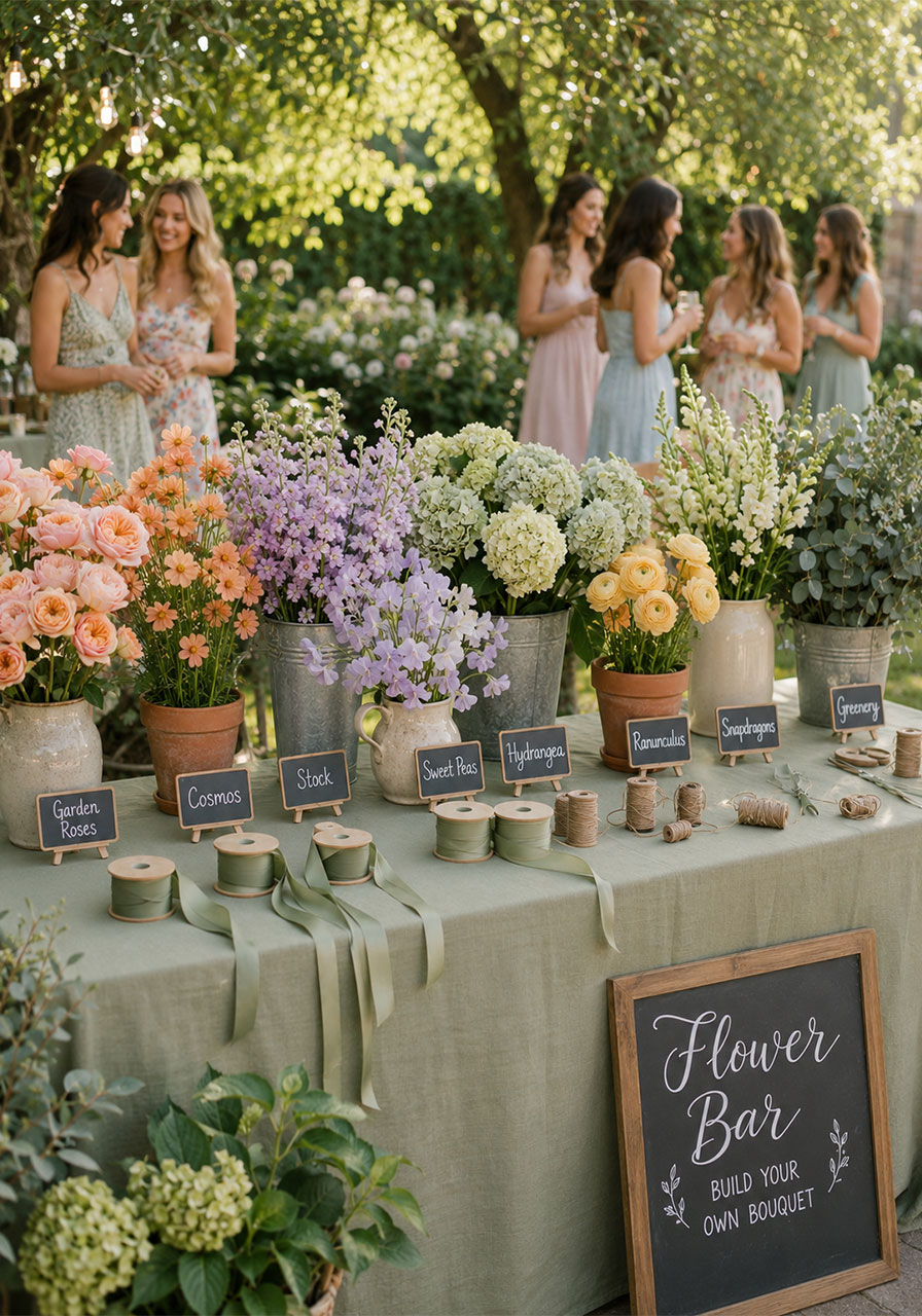 Garden party pastel bridal shower flower bar with peach roses lilac stock yellow ranunculus and sage greenery in terracotta pots outdoors
