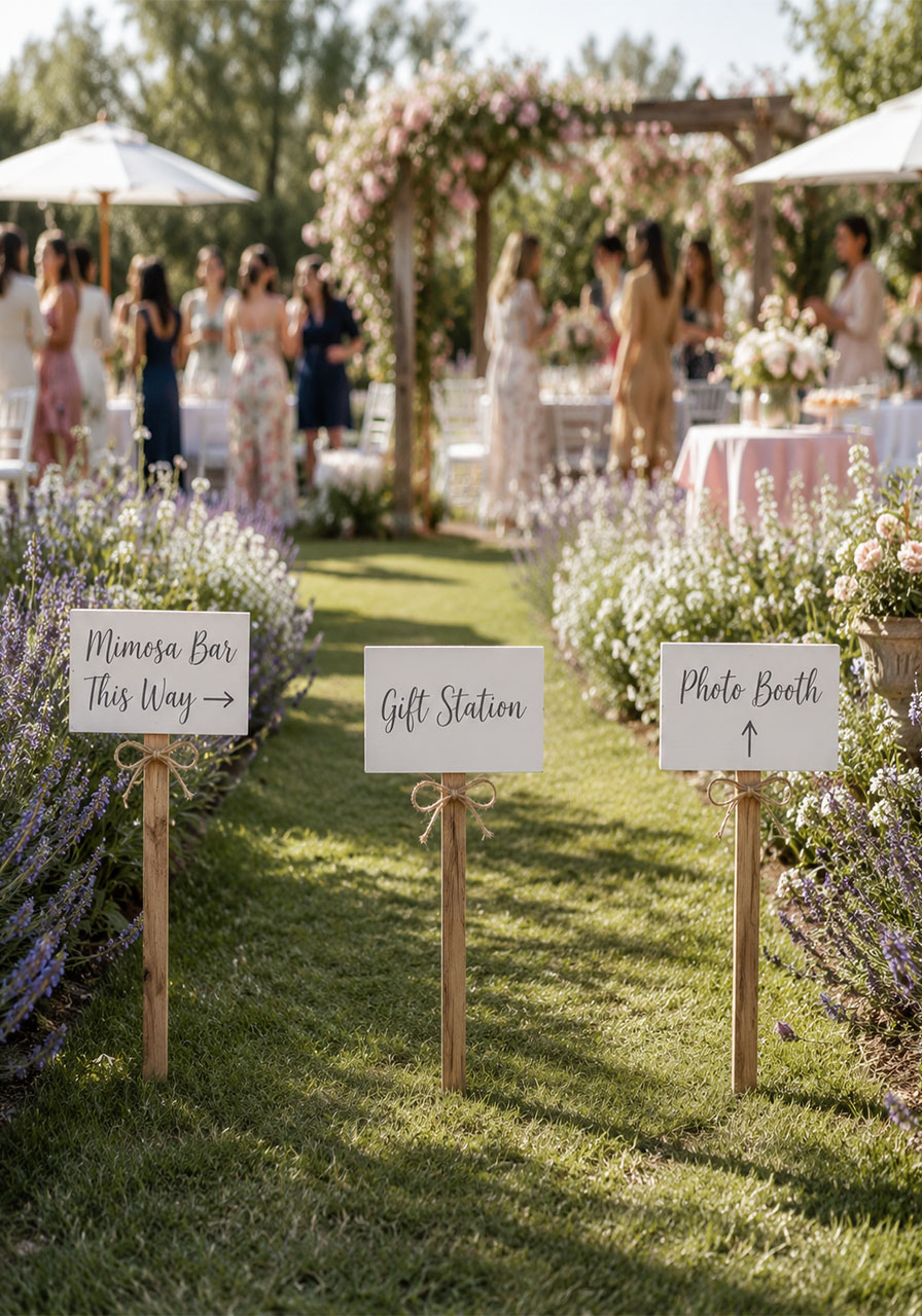 Outdoor garden party bridal shower directional wooden stake signs along flower-bordered pathway